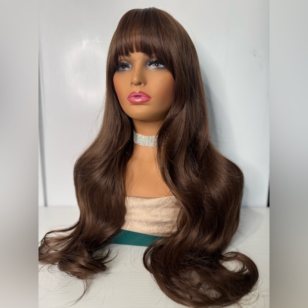 Beautiful Long Wavy Brown Wig with Bangs - Picture 8 of 10
